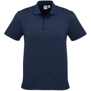 A navy blue men's polo shirt with a textured design and a collar. It features a logo on the front.