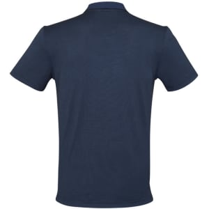 A navy blue men's short sleeve polo shirt with a collar and a logo on the back.