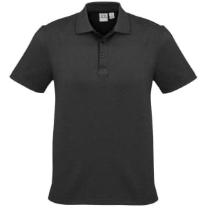 A black short sleeve polo shirt featuring a collar and a logo on the chest.