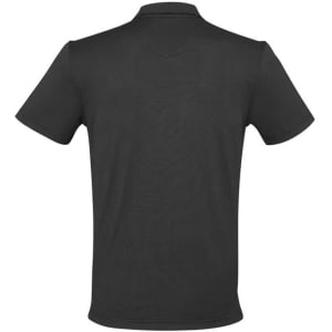 A black short sleeve polo shirt with a collar, featuring a logo on the back.