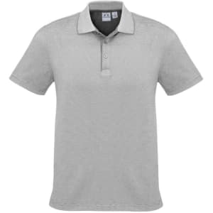A grey short sleeve polo shirt with a collar and a logo on the chest.