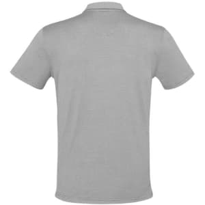 A grey men's short sleeve polo shirt featuring a collar and a logo. The back view shows a simple, sleek design.