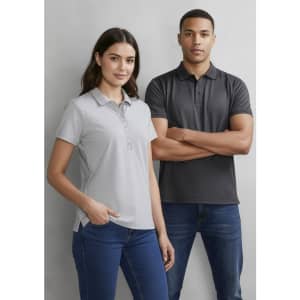 A grey men's short sleeve polo shirt with a logo, featured alongside a grey women's version.