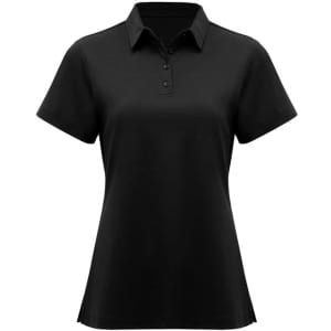 A women's short sleeve polo in black, featuring a collar and a button placket, with a logo on the chest.