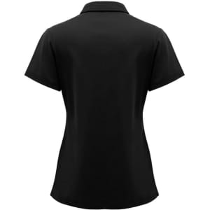 A black women's short sleeve polo shirt featuring a classic collar and a fitted design, including a branding logo.