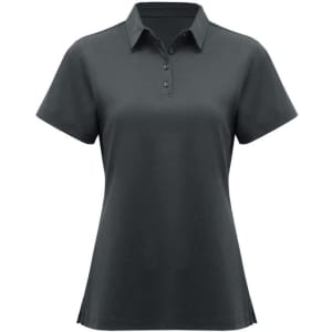 A women's short sleeve polo shirt in dark grey, featuring a collar and a three-button placket. It has a logo.