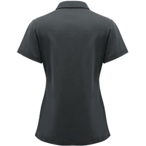 A women's short sleeve polo shirt in charcoal grey, featuring a collar and a fitted design. Includes a logo.