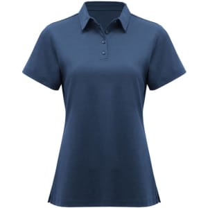 A women's short sleeve polo shirt in navy blue with a collar and buttons, featuring a logo on the chest.
