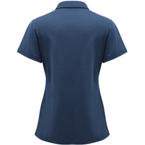 A navy blue women's short sleeve polo shirt featuring a collar and a logo.