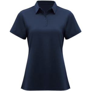 A navy women's short sleeve polo shirt with a classic collar and button placket, featuring a logo.