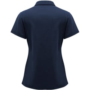 A navy blue women's polo shirt with short sleeves and a back view. It features a collar and has a logo.