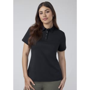 A black women's short sleeve polo with a collar and buttons, featuring a fitted design.