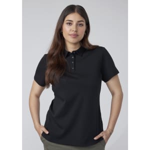 A black short sleeve polo shirt for women, featuring a classic collar and button placket, styled with a fitted silhouette.