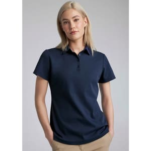 A navy women's short sleeve polo shirt featuring a collar and a logo.