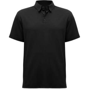 A short sleeve polo shirt in black, featuring a collar and a subtle logo.