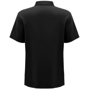 A black short sleeve polo shirt with a collar and a logo on the back.