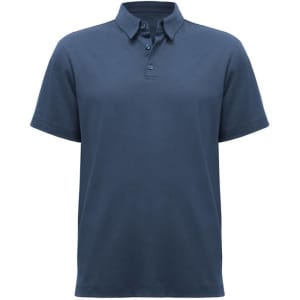 A navy blue short sleeve polo shirt with a collar and three buttons, featuring a logo on the chest.
