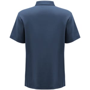 A navy blue short sleeve polo shirt with a collar, featuring a logo. The back view showcases a simple design.