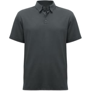 A dark grey men's polo shirt with a classic collar and short sleeves, featuring a logo branding.