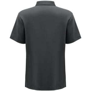 A dark grey men's short sleeve polo shirt with a collar and a branding logo on the back.
