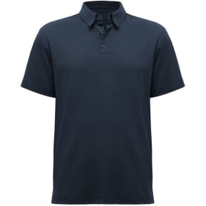 A navy blue short sleeve polo shirt featuring a collar and a logo.