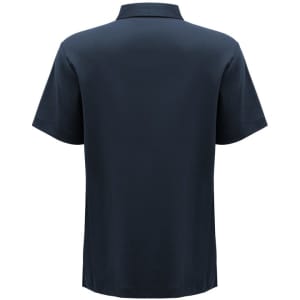 A navy blue short sleeve polo shirt featuring a collar and a logo on the front.