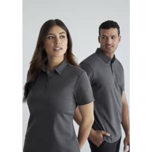 A grey short sleeve polo shirt for men, featuring a collar and a logo. Two models are wearing the polo.