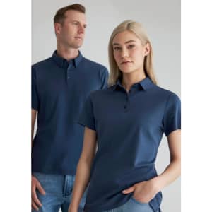 A navy blue men's short sleeve polo shirt displayed on a male and female model, featuring a subtle logo.