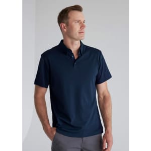 A navy blue short sleeve polo shirt with a collar, featuring a logo on the chest.