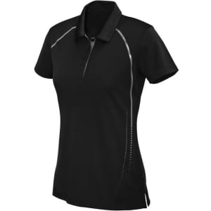 A women's short sleeve polo shirt in black with contrast detailing and a collar, featuring a logo.