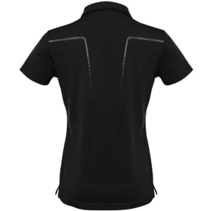 A black women's short sleeve polo shirt featuring a stylish design with reflective detailing on the back and a subtle logo.