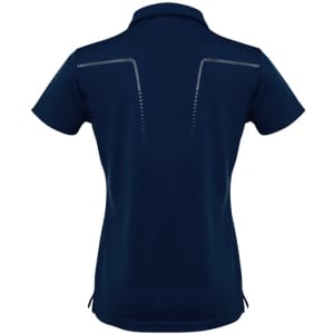 A navy short sleeve polo shirt for women, featuring a subtle design on the back and a logo.