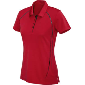 A red women's short sleeve polo shirt with a sleek design and branding.