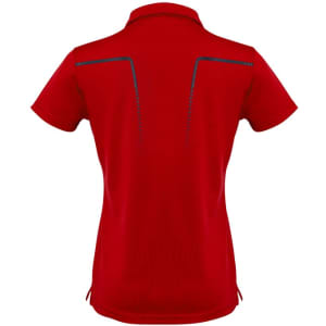 A women's short sleeve polo in vibrant red with a unique design at the back and a branding logo.