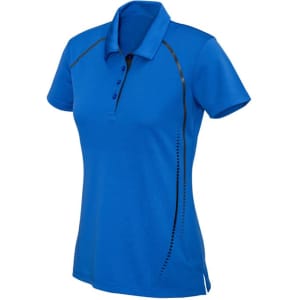 A women's short sleeve polo in vibrant blue with subtle black detailing and a logo.