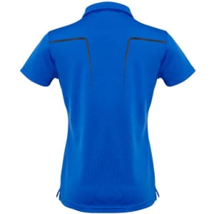 A blue women's short sleeve polo shirt featuring a back design with black detailing and a logo.