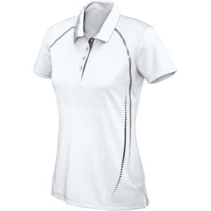 A white short sleeve polo shirt for women featuring subtle design details and a logo.