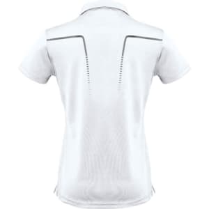 A short-sleeve women's polo shirt in white, featuring a logo and design details on the back.