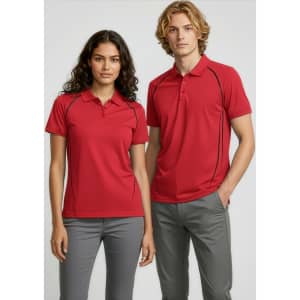 A red women's short sleeve polo shirt with contrasting seams, displayed on a model, alongside a male version in the same style.