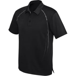 A black short sleeve polo shirt featuring a subtle design and a logo on the front.