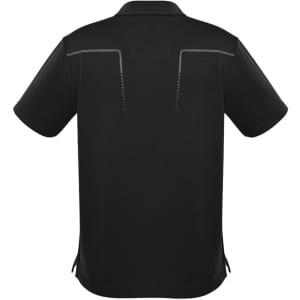 A black short sleeve polo shirt featuring a simple design and a logo.