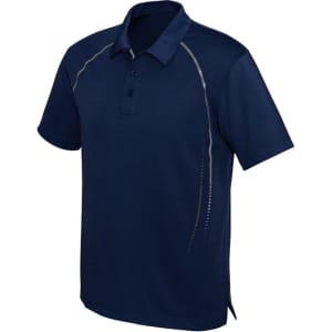 A navy short sleeve polo shirt with a sporty design and a logo on the chest.