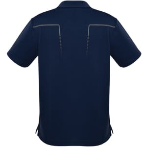A navy blue men's polo shirt with short sleeves and a design featuring stitching details on the back.