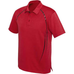 A red men's short sleeve polo shirt featuring a subtle design and a logo on it.