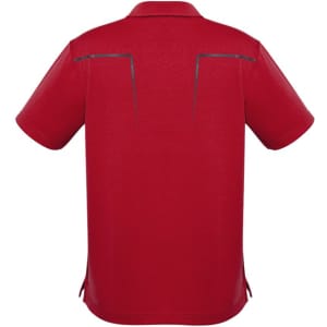 A red men's short sleeve polo shirt featuring a subtle design element and a logo. Back view displayed.