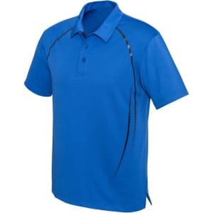 A blue short sleeve polo shirt featuring a subtle design along the sides and a logo on the chest.