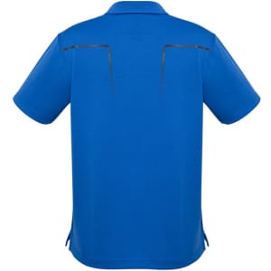 A blue short sleeve polo shirt featuring a logo and stylish back design.