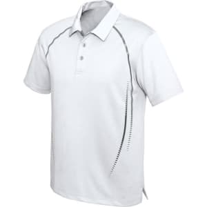 A light grey short sleeve polo shirt featuring a sleek design and logo on the front.