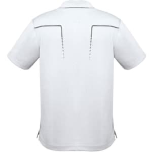A short sleeve polo shirt in white featuring a logo and back detailing.