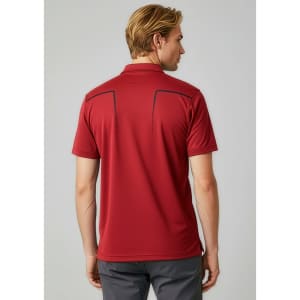 A men's short sleeve polo shirt in red, featuring a logo and contrasting detailing on the back.